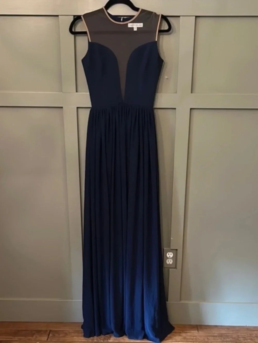 Dress the Population Eleanor Illusion Plunging Neck Gown Navy Blue Size XS